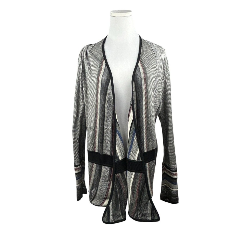Nic & Zoe Cardigan Womens L Grey Black Silver Stripes Semi Sheer Open Front